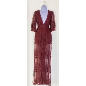 Small Light My Fire Wine Lace Maxi Dress